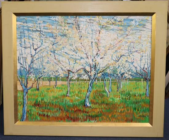 S. Huxley (20th C.) Orchard in blossom, 25 x 31in.
